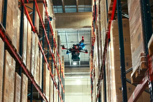 A drone flying in a GRUBER Logistics warehouse